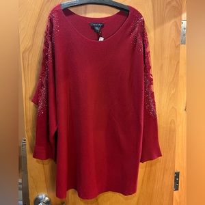 TAHARI WOMAN EMBELLISHED RHINESTONE BLING SEE THROUGH SLEEVE RED SWEATER  3X NWT